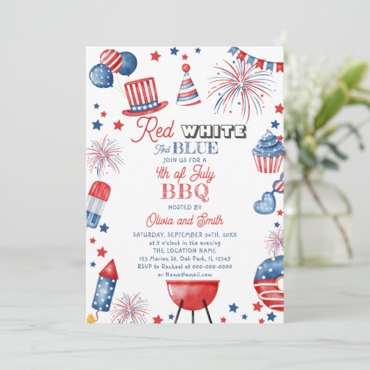 4 juli Rood Wit Blauw BBQ Uitnodiging (Staand voorkant)