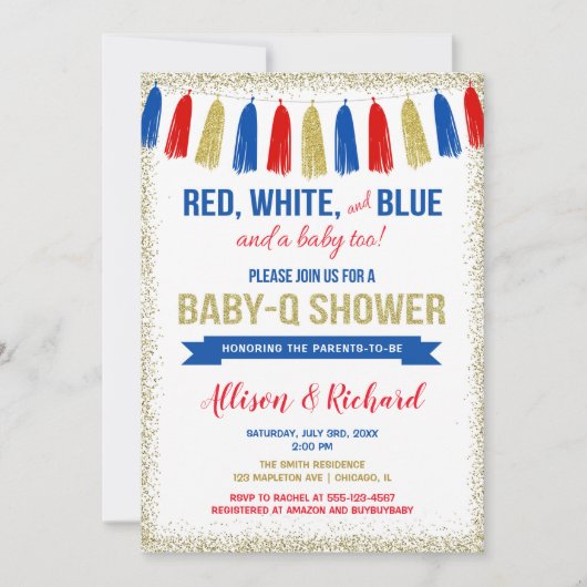 4 juli rood wit blauw goud glitter baby shower kaart (Voorkant)