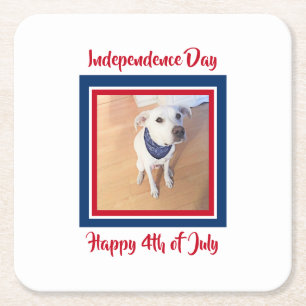 4 juli Rood, Wit, Blauw Schattig Witte Hond Vierkante Kartonnen Onderzetter