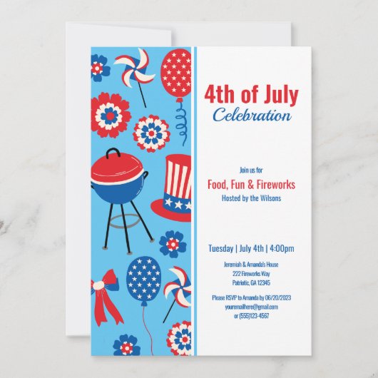 4 juli Rood Wit Blauw Uitnodiging voor viering (Voorkant)