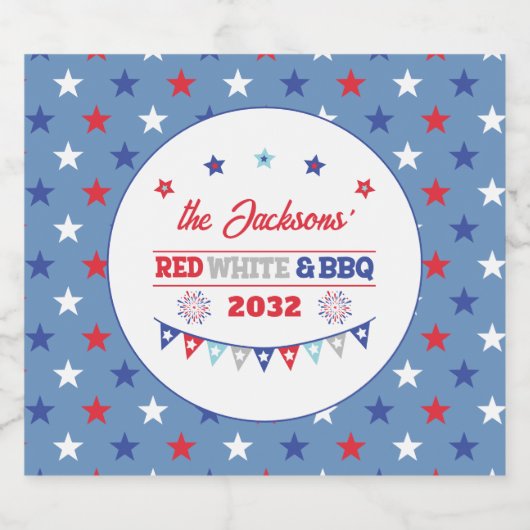 4 juli Rood wit en BBQ familienaam patriotic Bier Etiket (Enkel label)