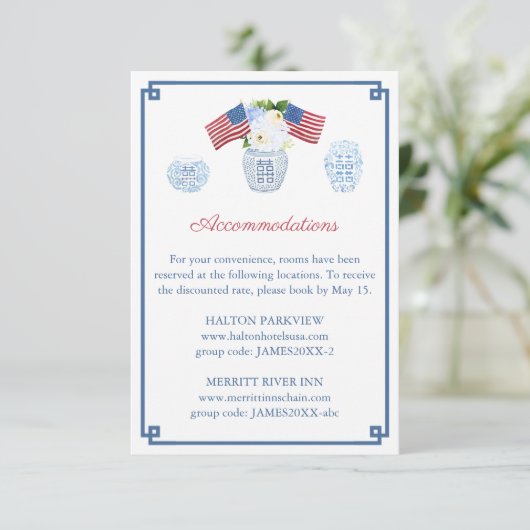 4 juli rood wit en blauw bruiloft accommodaties informatiekaartje (Staand voorkant)