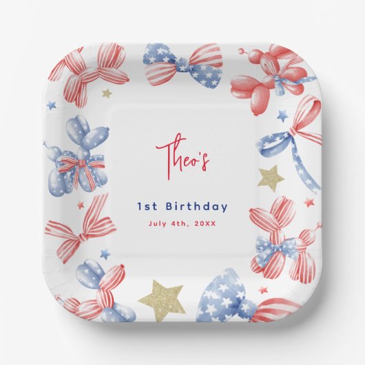 4 juli Schattigee Balloon Bow 1e Verjaardagsfeest Papieren Bordje (Voorkant)