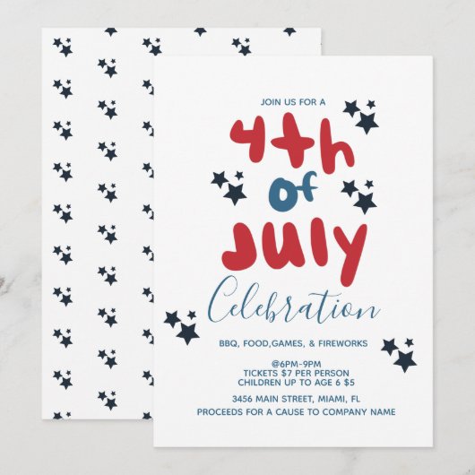 4 juli Stars BBQ Bubble Letter Invitation Kaart (Voorkant / Achterkant)
