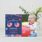 4 juli sterren en strips 1e verjaardag kaart (Staand voorkant)