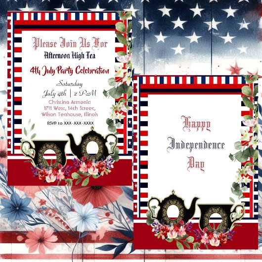 4 juli Strepen  Theepot Afternoon High Tea Kaart