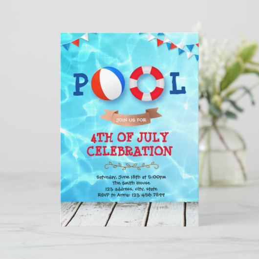 4 juli uitnodiging voor een poolparty (Staand voorkant)