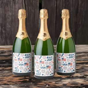 4 juli 🇺🇸 Voedsel & Drink Labels met Vuurwerk Sparkling Wijnetiket
