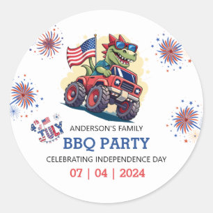 4 juli Vuurwerk T-Rex US Flag BBQ Party Ronde Sticker