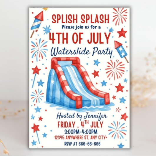 4 juli Waterslide Party Invitation Sjabloon Kaart