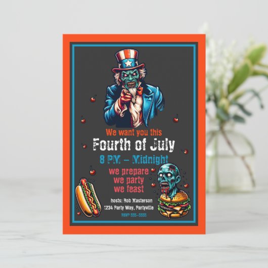 4 juli zombie oom Sam uitnodiging (Staand voorkant)