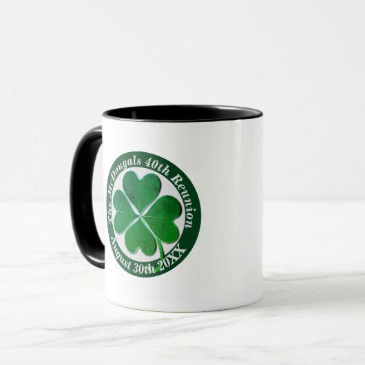 4 Leaf Clover Reunion Medallion Text Mok (Voorkant links)