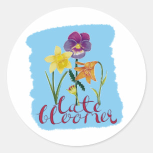 4 Lente- en zomerbloemen met fancy tekst Ronde Sticker