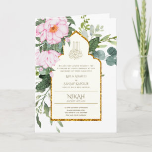 4 Pagina NIKAH WALIMA nodigt roze Floral Islamic W Kaart