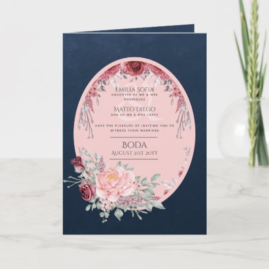 4 pagina's Spaanse BODA uitnodiging Navyblauw Roze (Voorkant)