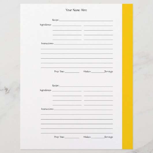 4 par page - Pages à 2 faces jaunes de recette (Devant)