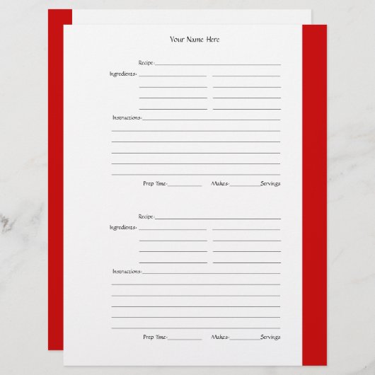 4 par page - Pages de recette recto-verso rouge (Devant / Derrière)