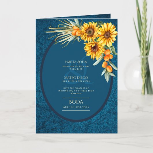 4 pg Espagnol BODA Invitations Marine Blue Sunflow (Devant)