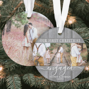 4 Photo 1er Noël Engagé Gris Faux Bois rond