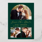 4-Photo Arch Emerald Green Gold Bewaar de datum Folie Uitnodiging (Voorkant)