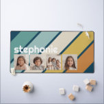 4 Photo Collage Retro Bande - bleu et or<br><div class="desc">Ce montage photo amusant comprend une place pour 4 photos. La grille comprend un collage photo en forme de carré avec beaucoup de place pour ajouter vos photos de fête préférées. Le motif rétro rayé aux couleurs de coucher de soleil muet ajoute un peu de fantaisie au design. Les photos...</div>