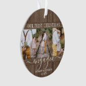 4 Photo First Xmas Engaged Rustic Faux Wood Round Ornament (voorkant)