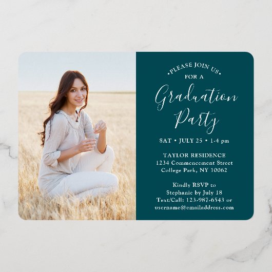 4 Photo Graduation Party Modern Script Blauwgroen Folie Uitnodiging (Achterkant)