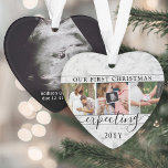 4 Photo Grossesse 1er Noël Faux Marbre Coeur<br><div class="desc">Célébrez le cadeau précieux de votre nouveau membre de la famille avec un élégant ornement acrylique en forme de coeur de quatre collages photo. Le design neutre pour le genre avec bordure en faux marbre convient à un nouveau bébé garçon ou fille. L'écriture et les images sur ce modèle sont...</div>