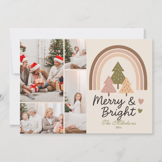 4 Photo Retro Neutral Rainbow Merry & Bright Feestdagenkaart (Voorkant)