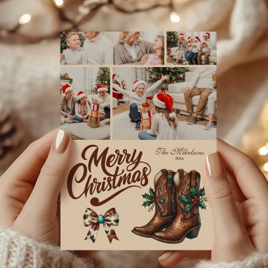 4 Photo Western Bow & Boots Christmas Feestdagenkaart