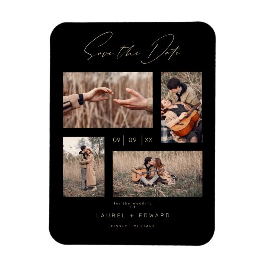 4 Photos Modern Collage Wedding Wimshical Script Magneet (Verticaal)