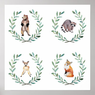 4 Poster met bosdieren en kransen