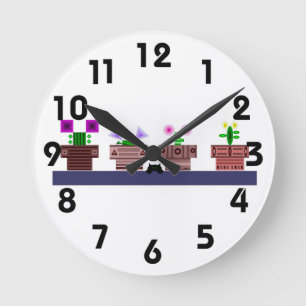 4 potten en een kat-wandklok ronde klok