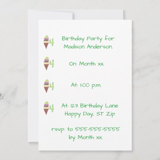 4 Scoops of Ice Cream Invitations de fête d'annive (Dos)