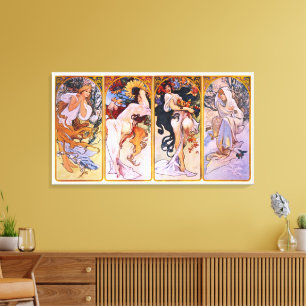 4 Seizoenen van Alphonse Mucha, Art Nouveau Kunst Canvas Afdruk