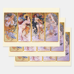 4 Seizoenen van Alphonse Mucha, Art Nouveau Kunst Inpakpapier Vel
