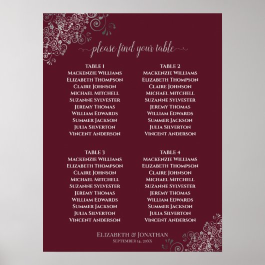4 Tabellade Silver Wedding Seating Chart Burgundy Poster (Voorkant)