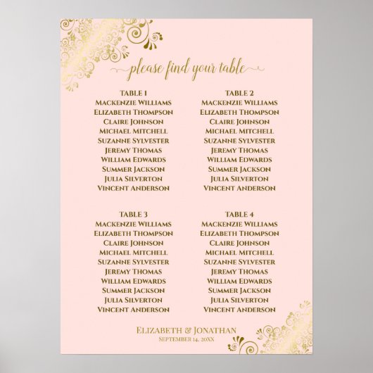 4 Tableau Blush Pink & Gold Mariage Tableau de siè (Devant)