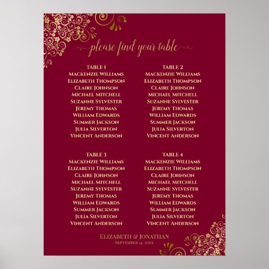 4 Tableau Élégant Gold & Burgundy Seating Chart (Devant)