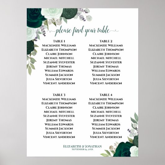 4 Tafel Smaragd Groen Bloemen Bruiloft Zitkaarten Poster (Voorkant)
