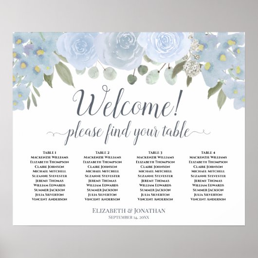 4 Tafel Stusty Blue Rozen Wedding Seating Chart Poster (Voorkant)