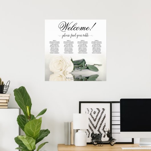 4 Tafel Wit Rose Elegant Bruiloft Zittafel Grafiek Poster (Thuiskantoor)