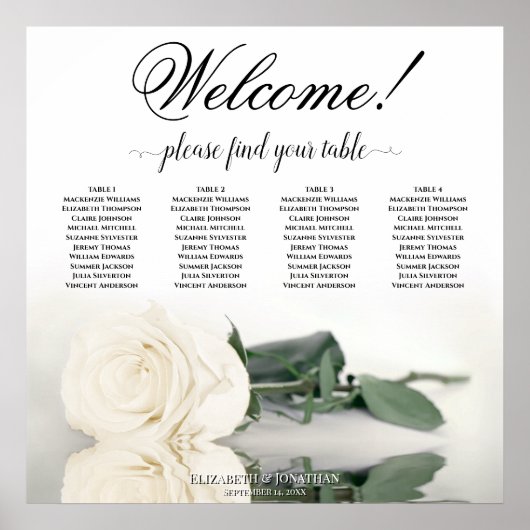 4 Tafel Wit Rose Elegant Bruiloft Zittafel Grafiek Poster (Voorkant)