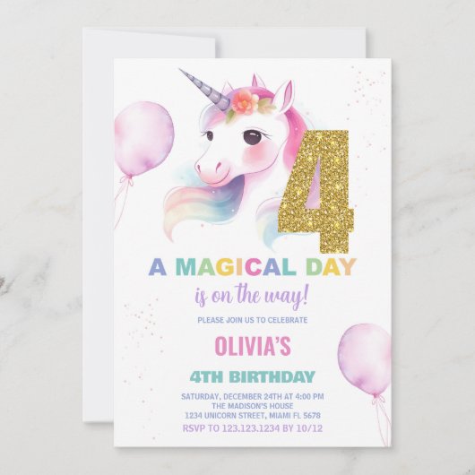 4 Verjaardag Unicorn Verjaardag Uitnodigingen (Voorkant)