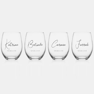 4 x Elegante Namen in Handgeschreven Letters & Aan Wijnglas Zonder Voet