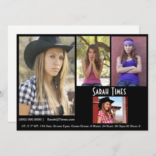 4 Zwarte Sjabloon fotomodel Actor Comp Card Kaart (Voorkant / Achterkant)