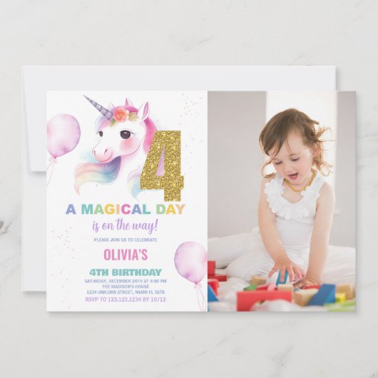 4e anniversaire Unicorn Anniversaire Invitations p (Devant)