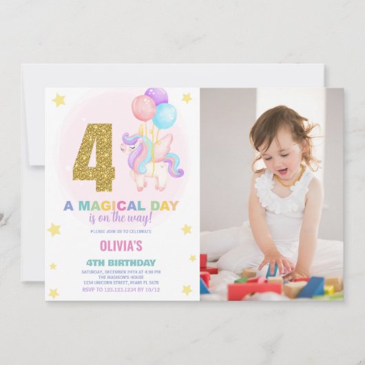 4e anniversaire Unicorn Anniversaire Invitations p (Devant)