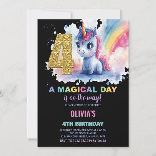 4e anniversaire Unicorn Invitations anniversaire (Devant)