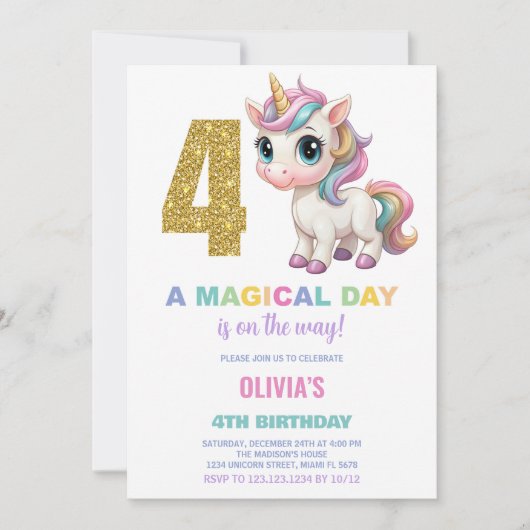 4e anniversaire Unicorn Invitations anniversaire (Devant)